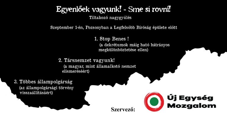 Szeptember 1-én tiltakozó megmozdulás Pozsonyban a a felvidéki magyarságért